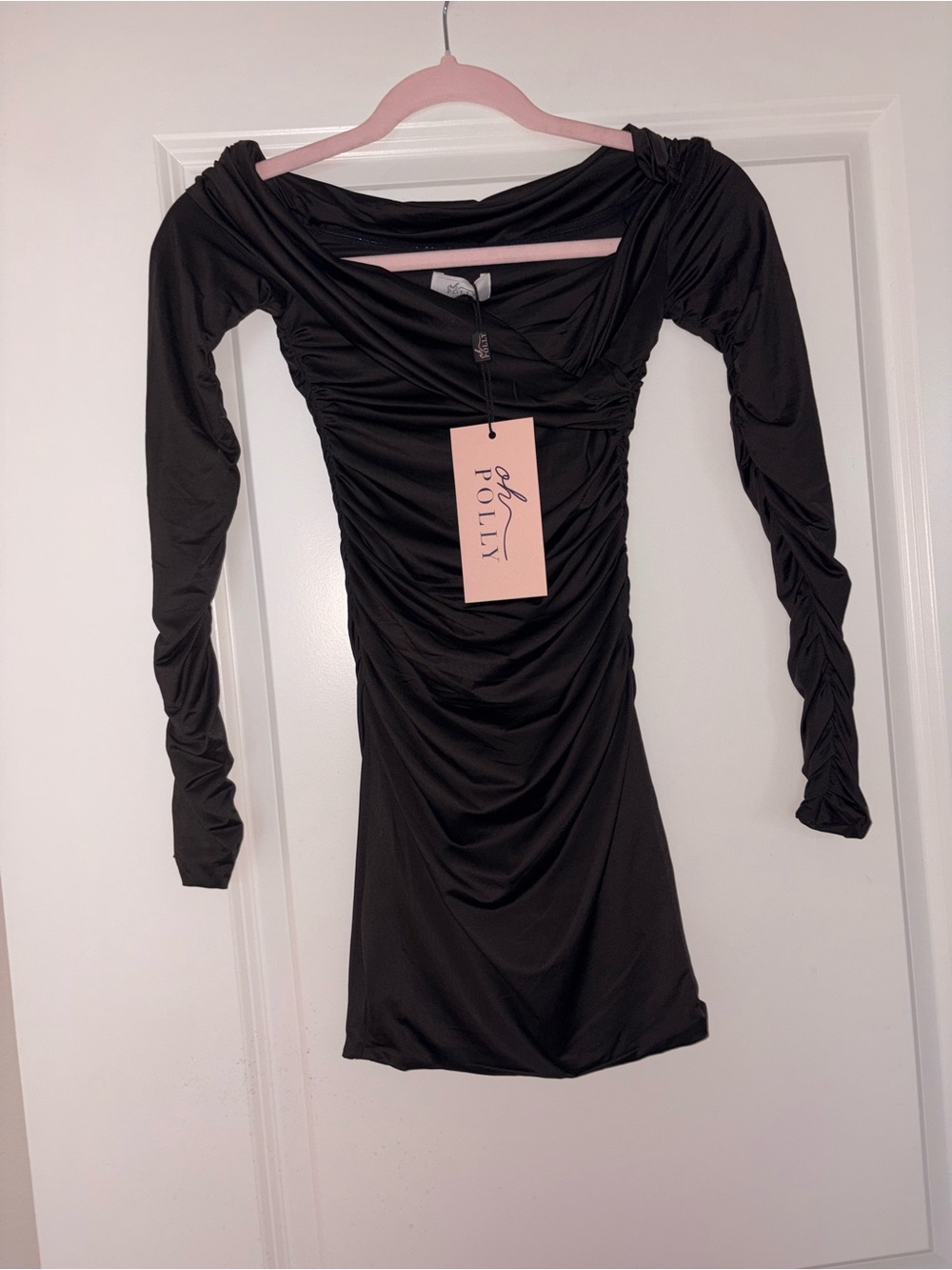 Oh Polly Black Ruched Long Sleeve Mini Dress